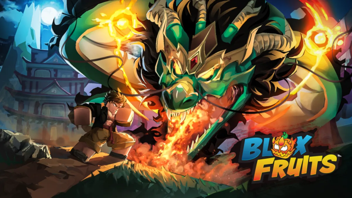 Ảnh thumbnail Blox Fruits trên Roblox với boss rồng và nhân vật chiến đấu.